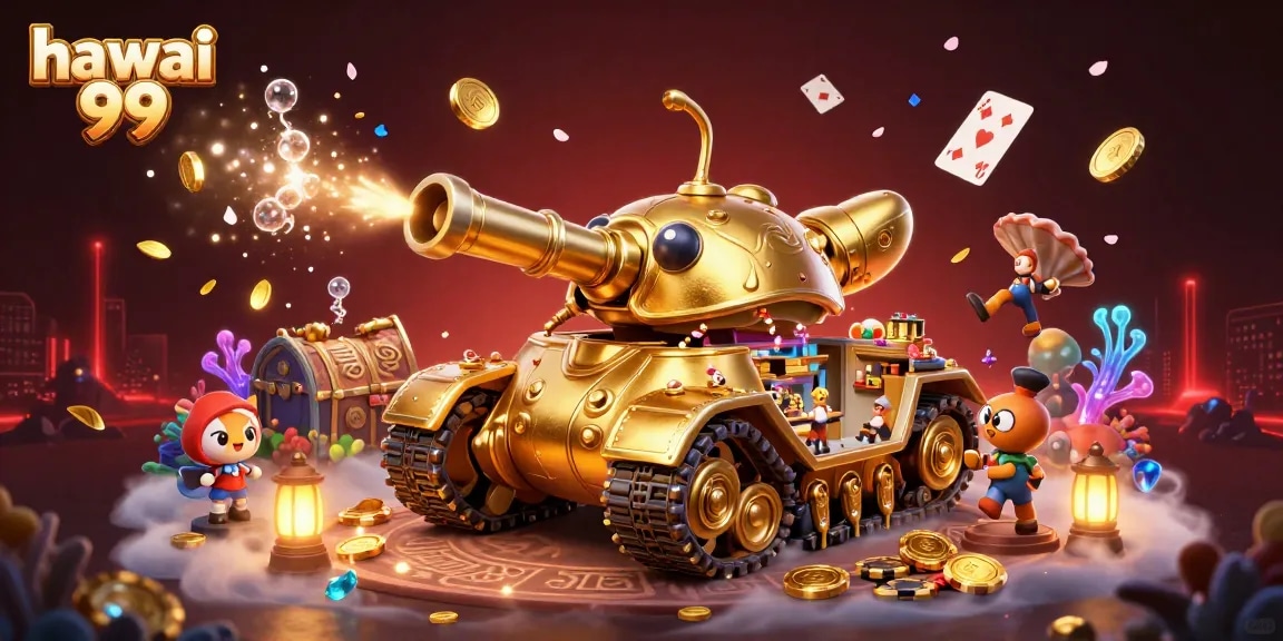 Experience the excitement of hawai 99 with a vibrant 3D casino scene featuring a golden beetle tank.