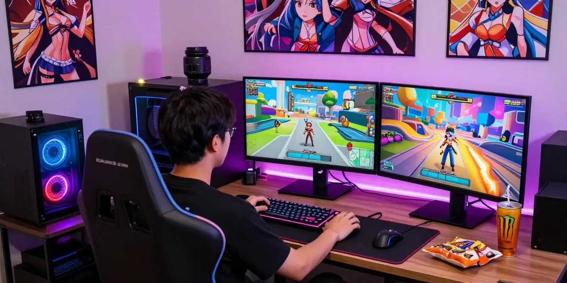 Engaged player enjoying hentai games on dual monitors in a vibrant gaming setup.