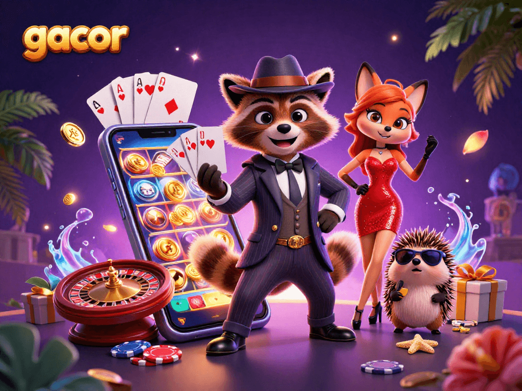 Experience the excitement of gacor slots with charismatic characters amid vibrant casino elements.