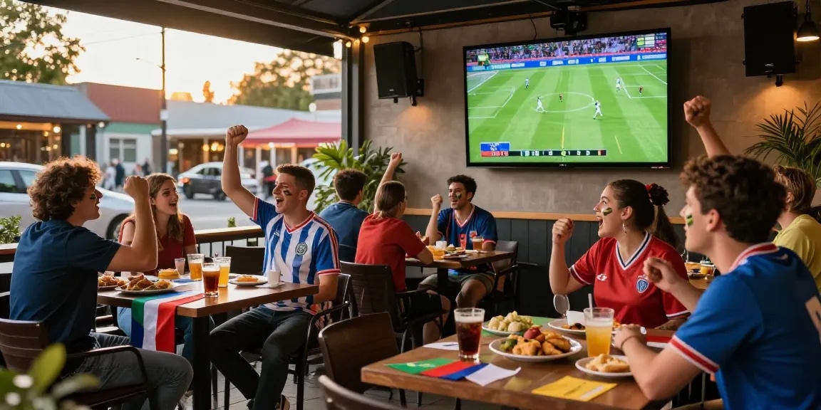 Fans enjoying كورة لايف match with drinks, snacks, and team flags at outdoor café source.
