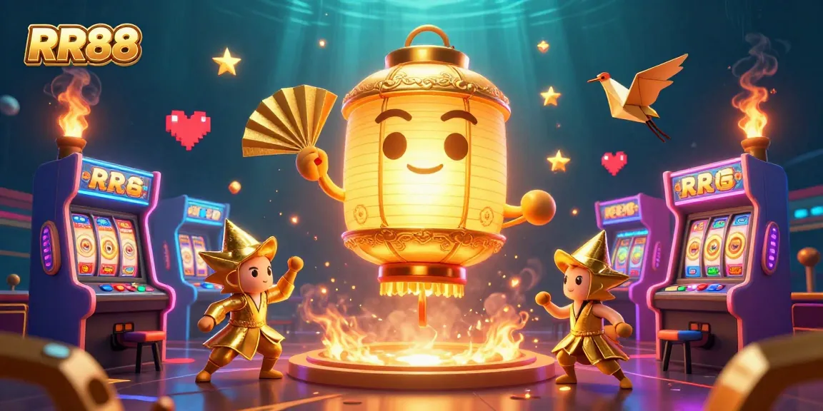 Experience the vibrant fun of RR88 with golden lantern spirits and exciting slot games in an animated casino scene.