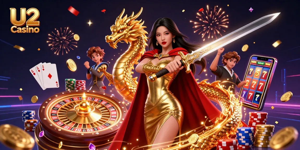 Win big at U2 Casino with a stunning illustration of an Asian queen, golden coins, and luxury game elements.