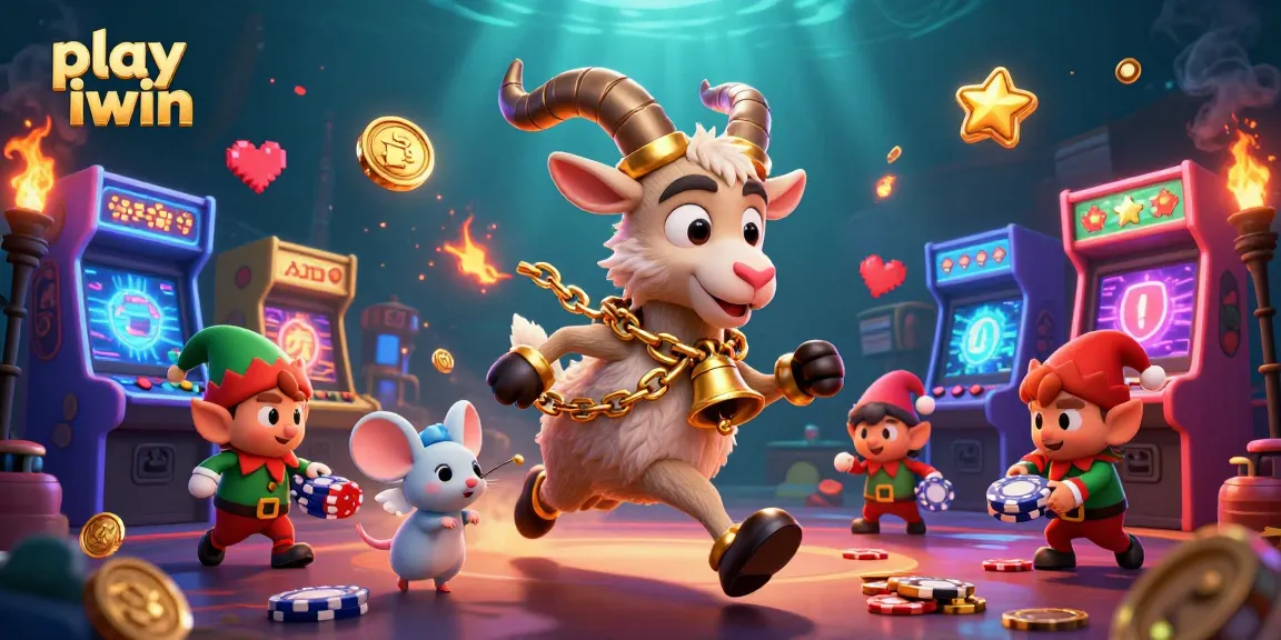 Play iwin in a whimsical casino scene with Krampus, an angel mouse, and elf gremlins stealing chips.