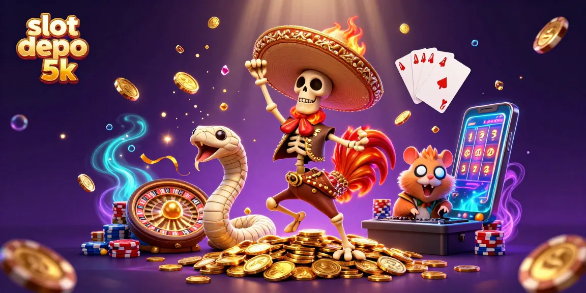 Spin exciting slot depo 5k reels with a colorful 3D casino scene showcasing festive characters.
