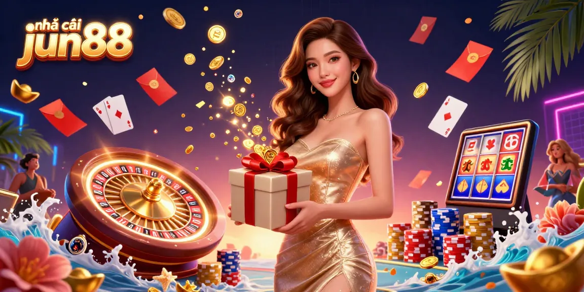 Engage with nhà cái jun88 in this vibrant casino scene featuring falling coins and festive elements.