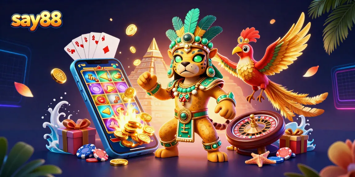 Experience the exciting world of say88 with a vibrant 3D casino scene filled with action and color.