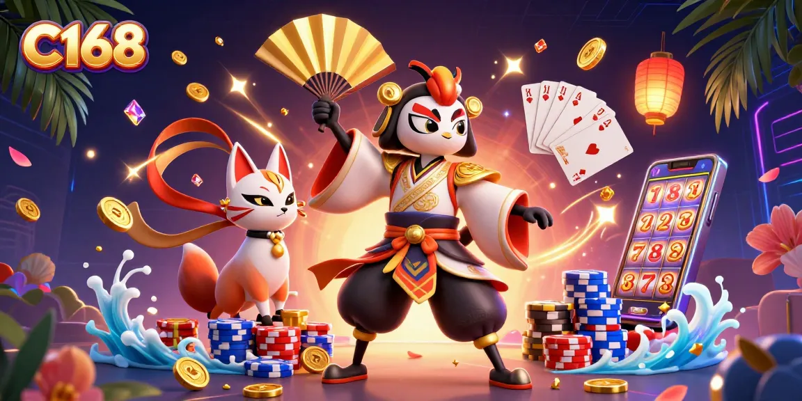 C168 entertains with vibrant 3D casino warriors amidst golden coins and chips, showcasing thrilling gaming action.