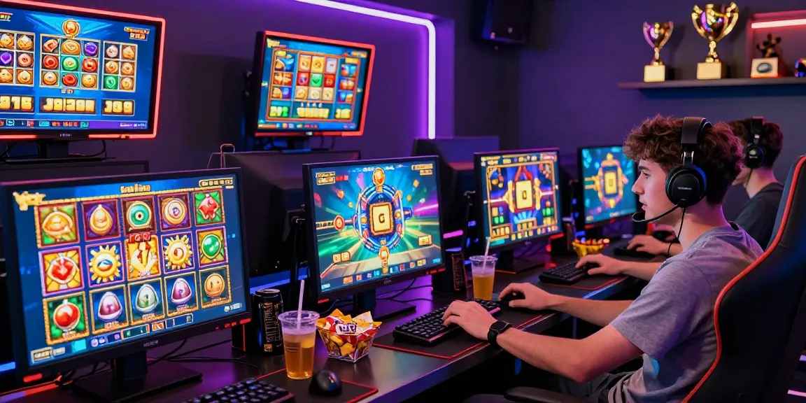 Pengalaman permainan slot jackpot yang intens dengan pemain terlibat di ruang permainan modern.