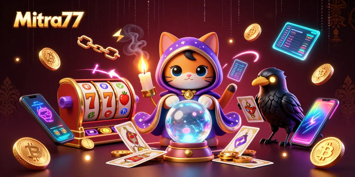 Mitra77 menampilkan fitur slot gacor dan jackpot dengan karakter mistis dalam latar penuh cahaya neon.