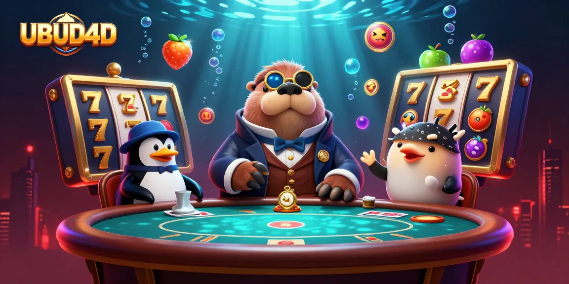 Experience UBUD4D's thrilling gameplay with colorful slot reels and playful characters in a vibrant casino scene.