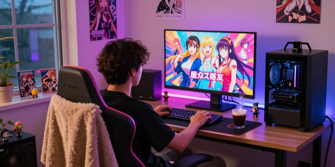 Engaging gamer immersed in hentai games with vibrant visuals in cozy room.