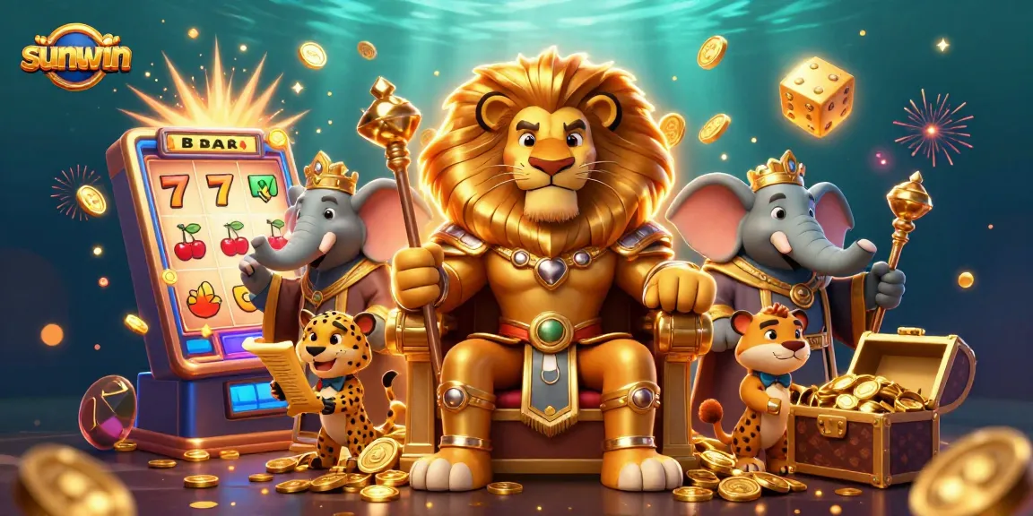Join the excitement at sunwin with a vibrant casino scene featuring a lion king, elephant advisor, and cheetah messenger.