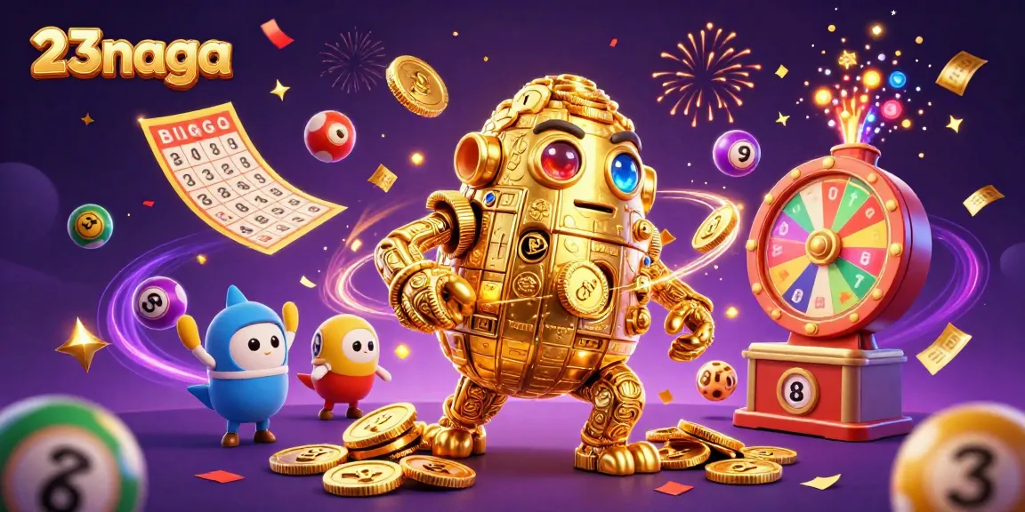 Play exciting games at 23naga with vibrant lottery elements and a golden golem.