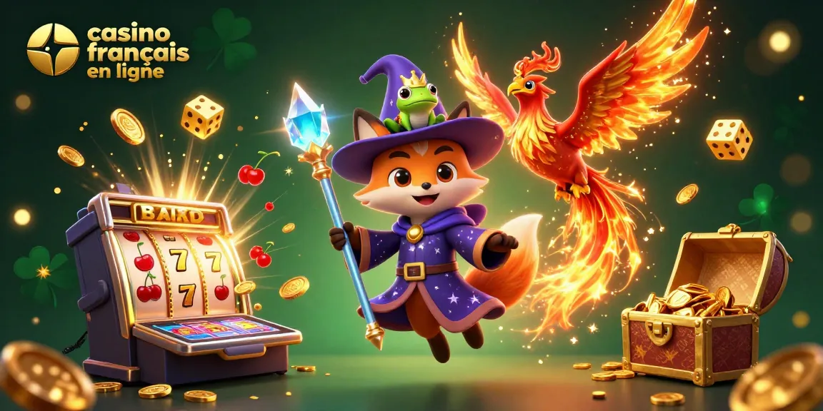 Découvrez l'excitation du casino francais en ligne avec une illustration 3D dynamique d'un renard sorcier, un phénix et des éléments de jackpot.