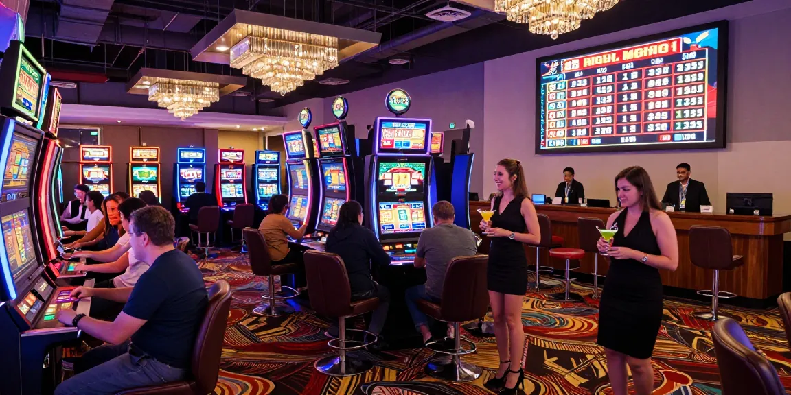 Engaged players at KO66 casino gaming floor, bright lights, and lively atmosphere
