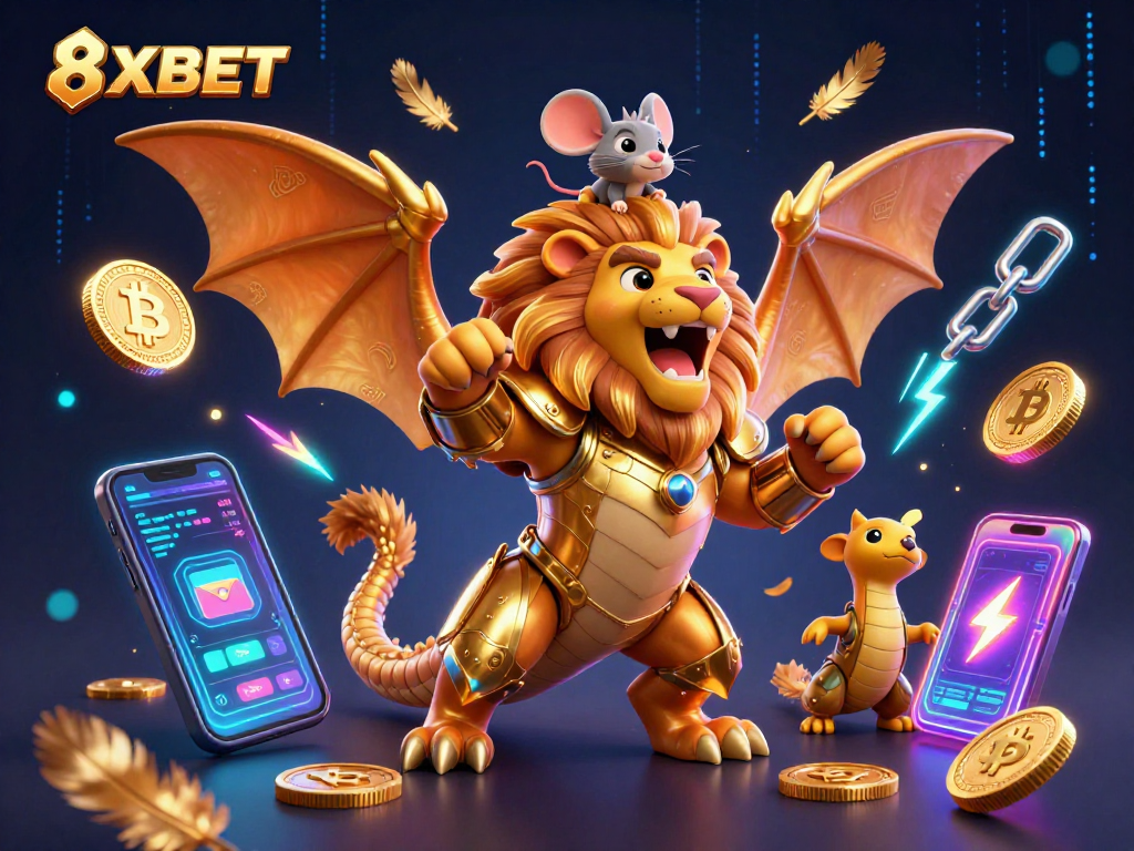 Engage with the thrilling world of 8XBET in this vibrant casino-themed illustration showcasing cryptos and dynamic gaming elements.