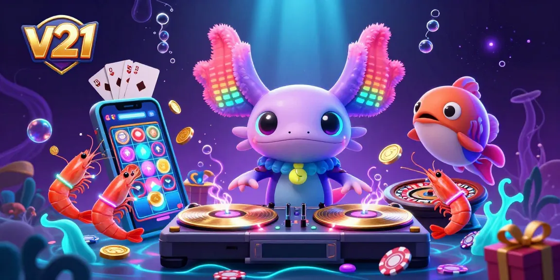 Mengakses permainan slot v21 yang menarik dengan DJ axolotl neon dan karakter laut penuh warna di dunia kasino.