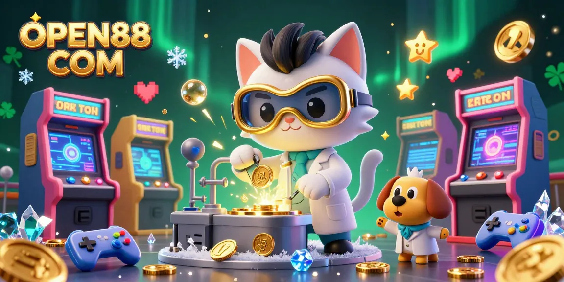 Engage with thrilling casino adventures at OPEN88 COM featuring mad scientist cat and loyal dog in gaming lab.