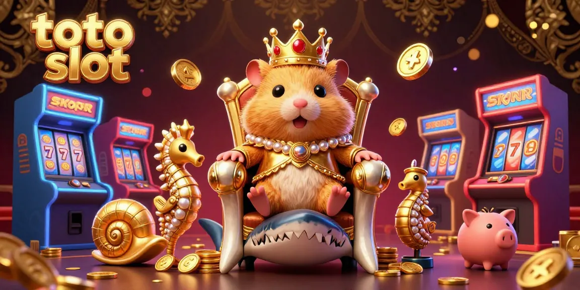 Engage in thrilling toto slot adventures with a golden hamster king surrounded by vibrant casino elements and game machines.