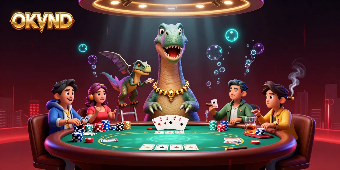Engage with OKVND's vibrant casino scene featuring a brontosaurus and a raptor dealing cards