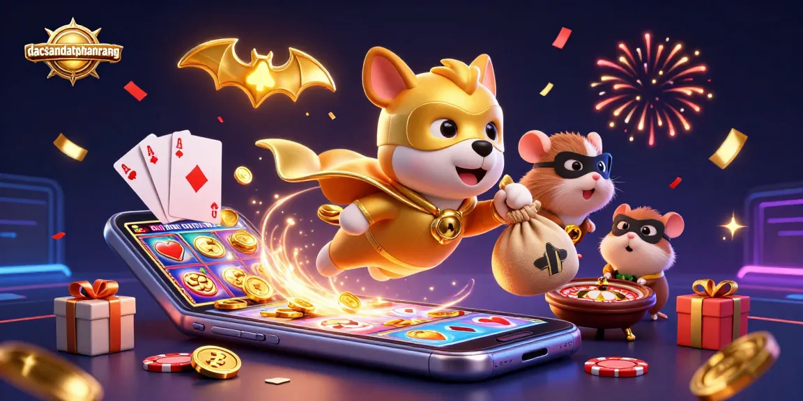 Engage in thrilling gameplay at dacsandatphanrang with cartoon superheroes amidst colorful slot games and casino elements.