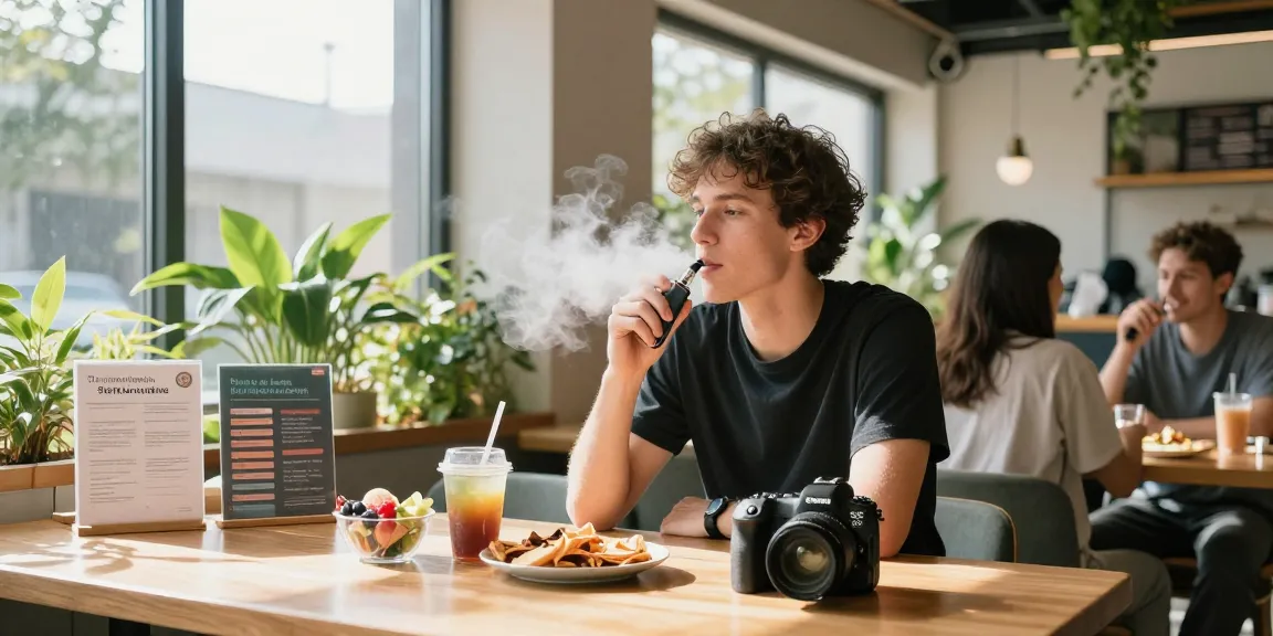 Legal vaping age in Cyprus highlighted in vibrant café scene showing young adult enjoying quality vape products, promoting safe and responsible use while emphasizing community wellness