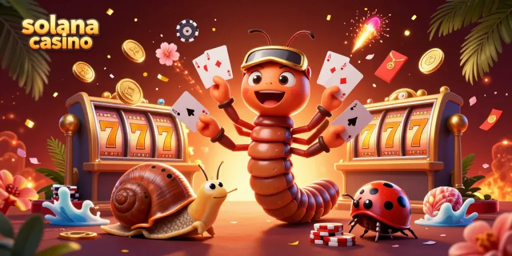 Engage in thrilling gameplay at solana casino with a whimsical millipede dealer and vibrant casino elements.