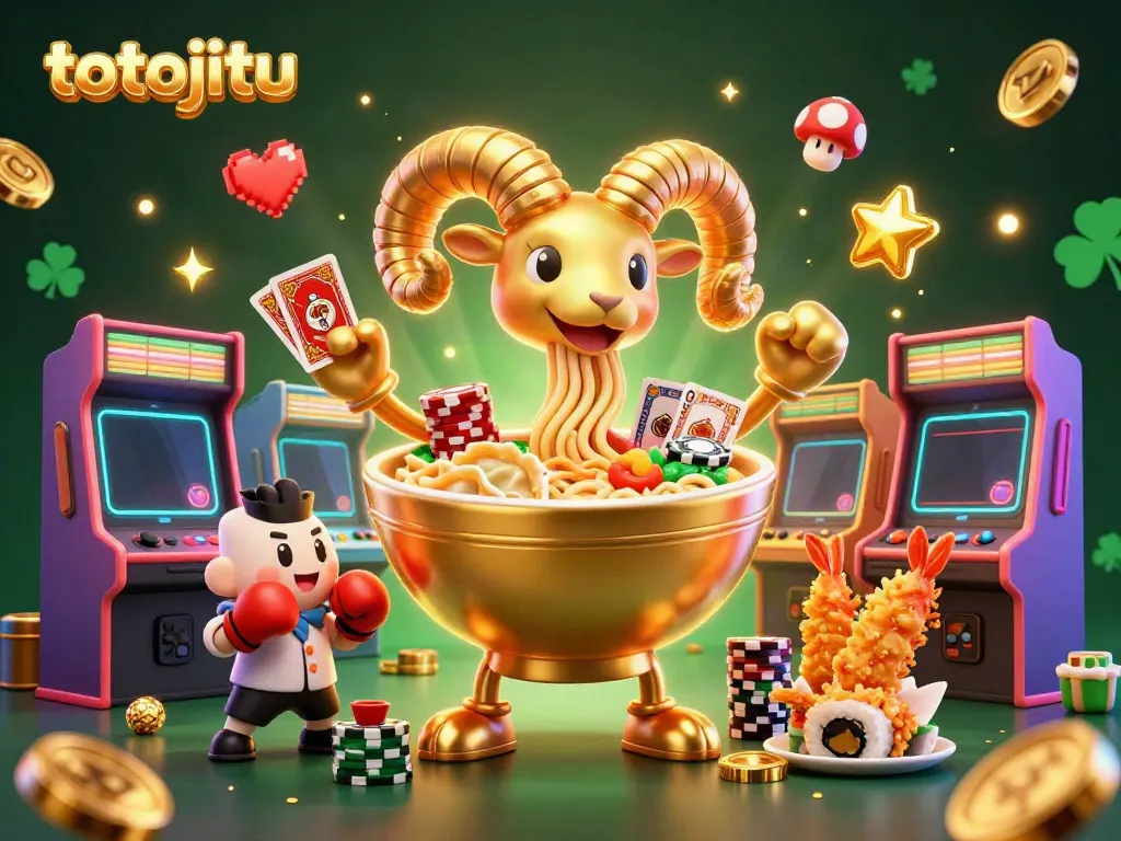 Engage with the vibrant gaming world of totojitu, featuring a golden ramen bowl dealing cards amidst animated casino elements.