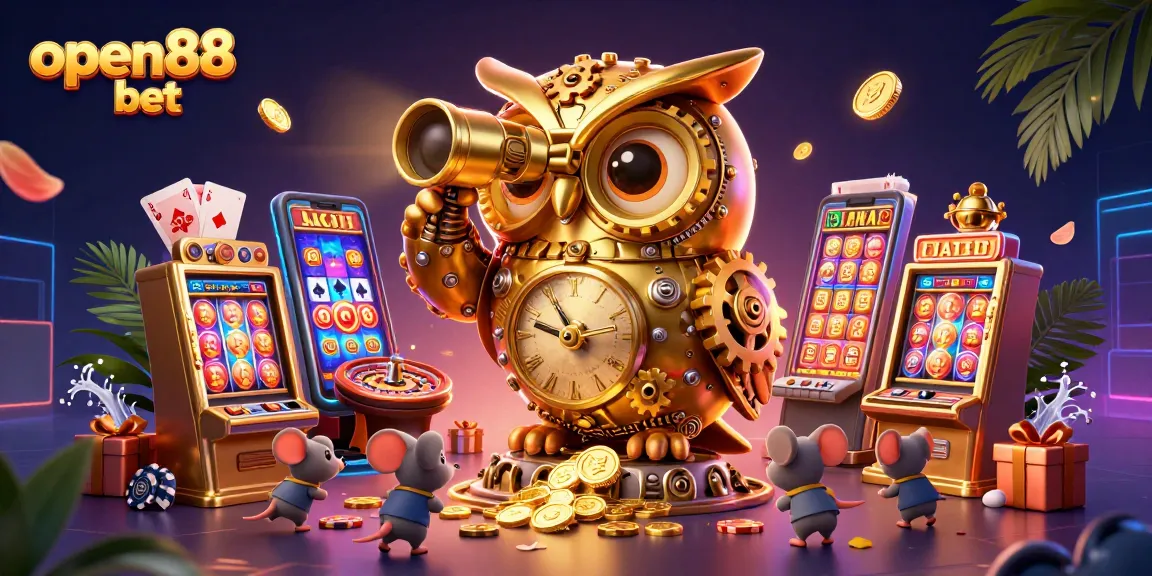 Experience open88 bet with vibrant casino action featuring a clockwork owl and charming patrons.