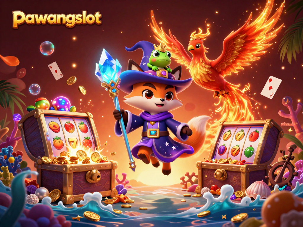 Permainan slot online pawangslot dengan karakter unik beraksi dan koin emas terbang ke segala arah.