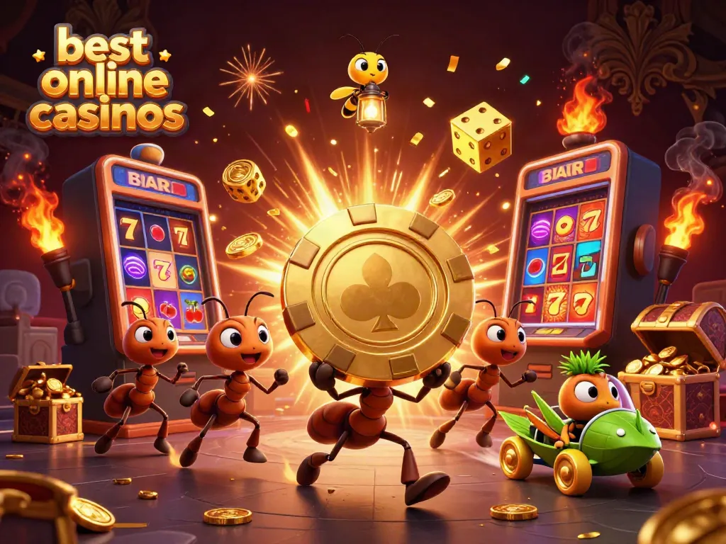 Cute 3D cartoon ants carrying a massive golden poker chip in a lively casino heist scene at the best online casinos.