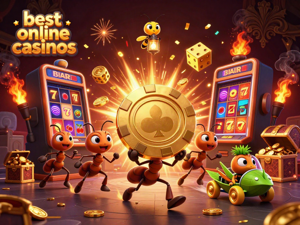 Cute 3D cartoon ants carrying a massive golden poker chip in a lively casino heist scene at the best online casinos.