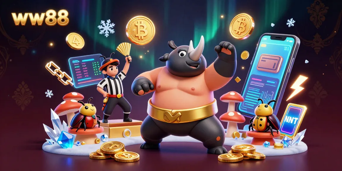 ww88 features a dynamic casino scene with a cartoon rhinoceros beetle sumo champion stomping while flying golden coins scatter around.
