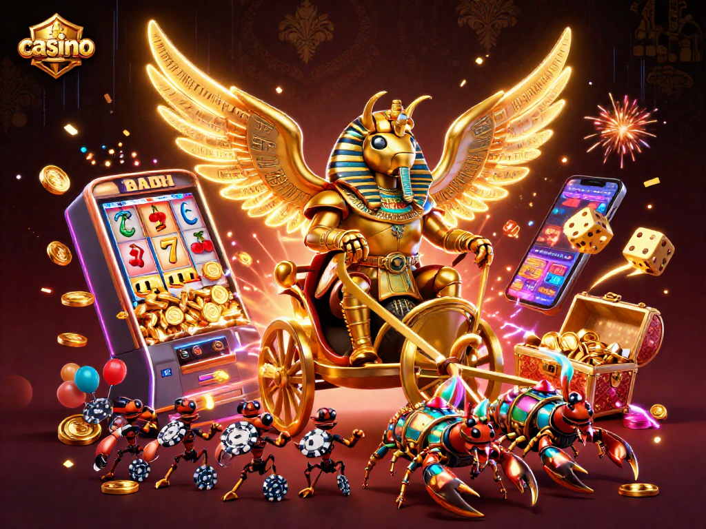 Explore the vibrant casino world with a colorful scene featuring a golden scarab beetle and dynamic game elements.