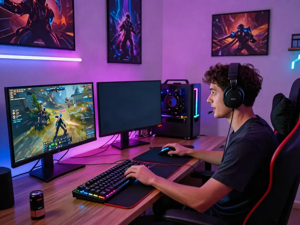 Gamer engaging with akunjp online gaming setup, showcasing vibrant gaming accessories and digital achievements.