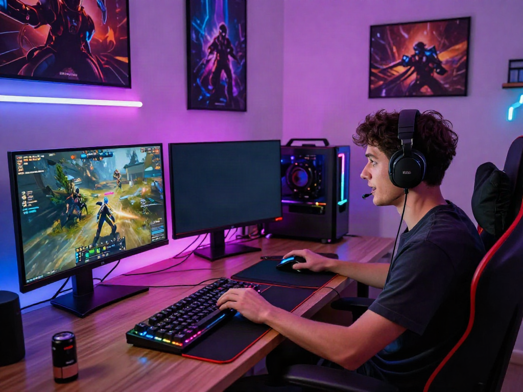 Gamer engaging with akunjp online gaming setup, showcasing vibrant gaming accessories and digital achievements.