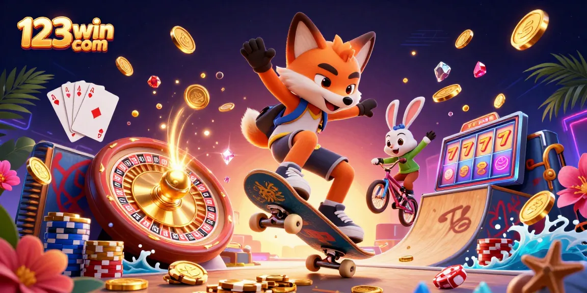 Experience the thrill of gambling at 123win com with a fun 3D casino illustration featuring foxes and casino elements.