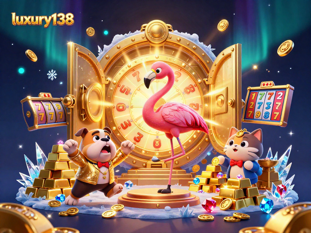 Ilustrasi 3D menarik luxury138 dengan flamingo dan bulldog berhadiah di kasino