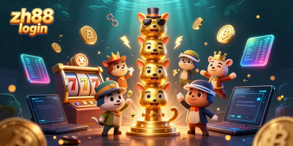 Join the fun with ZH88 login, featuring colorful slot reels and a golden totem surrounded by vibrant elements.