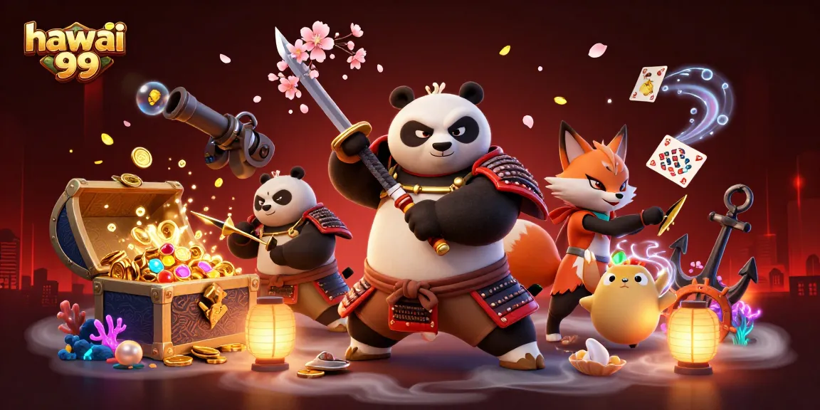Engage with hawai 99 gaming through a vibrant scene of samurai panda and ninja fox in an exciting casino illustration