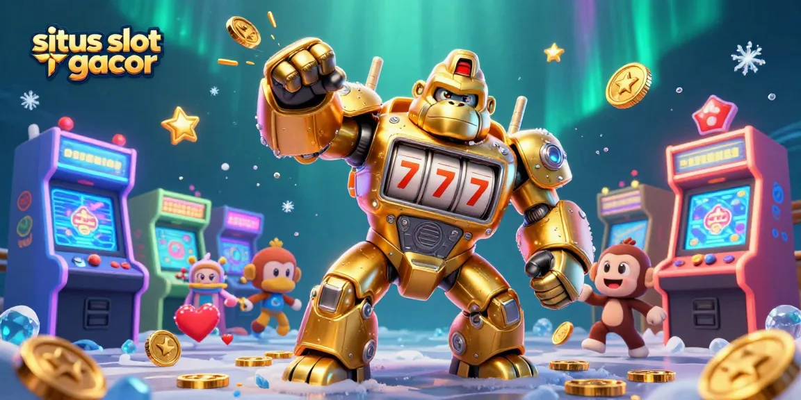 Experience the action with situs slot gacor featuring a dynamic golden gorilla mech in a colorful casino scene.
