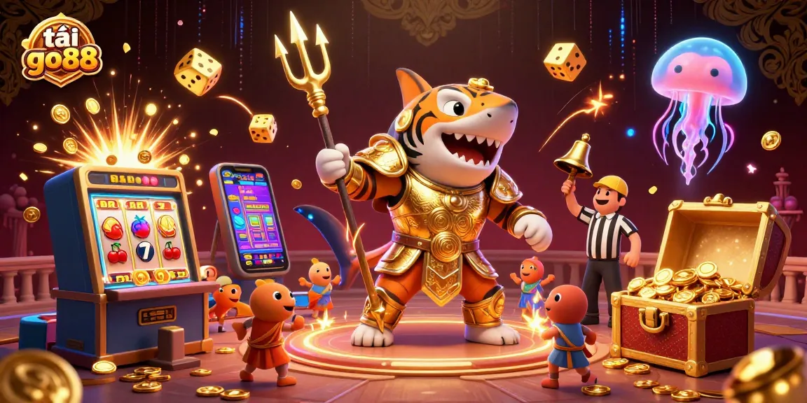 Experience the excitement of tải go88 with a vibrant underwater casino adventure featuring a golden trident shark and jackpot explosions.