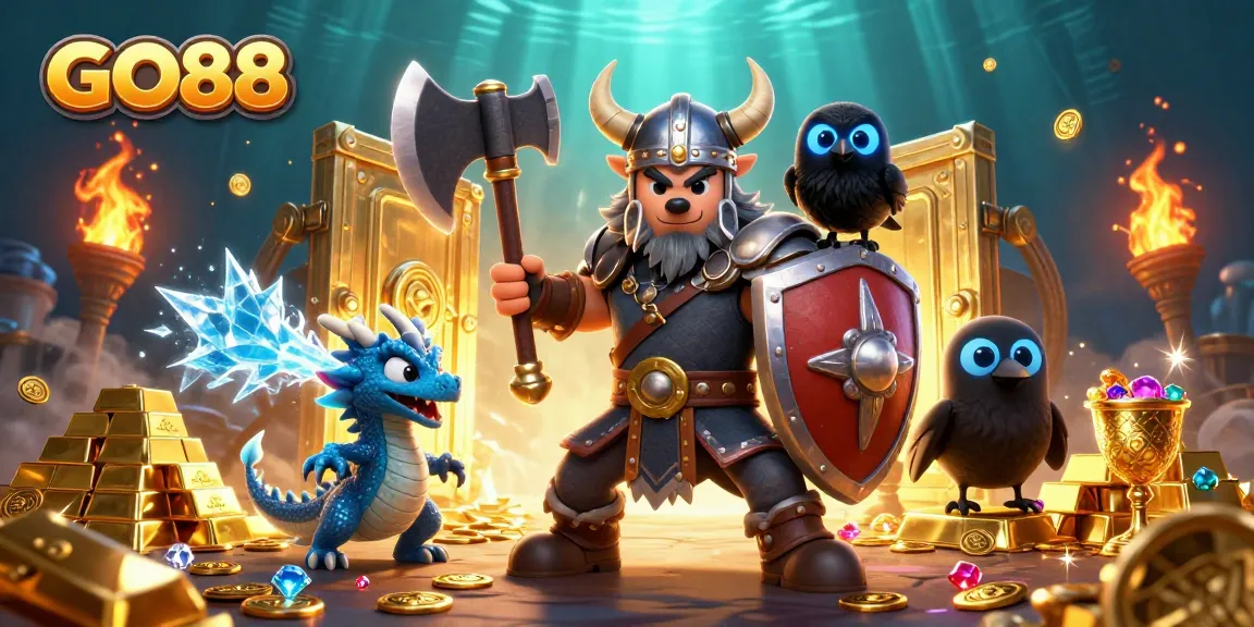 Enjoy the thrilling atmosphere at GO88 with cartoon Viking, dragon, and treasure in a dynamic slot scene.