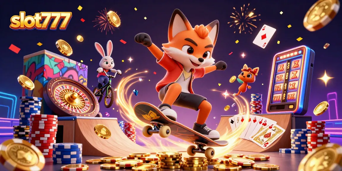 Experience excitement with slot777 as the 3D skateboarder fox and BMX-riding rabbit perform gambling tricks.