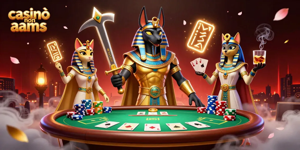 Scena coinvolgente di casinò non aams con guerriero egiziano e gatto in mezzo a un'azione di poker vivace.