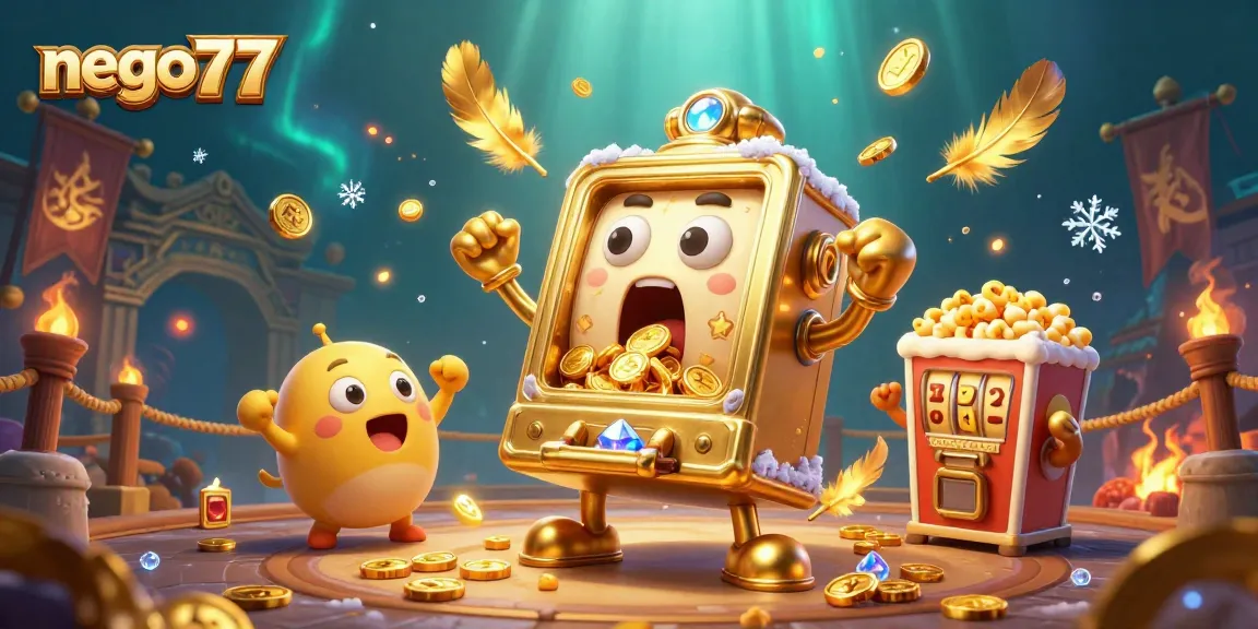 Experience the thrill of winning with nego77’s golden slot machine as it hits the jackpot amidst cheering baby machines.