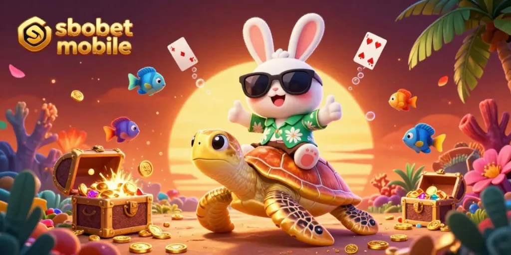 Sbobet mobile betting action with a lucky rabbit and a golden sea turtle in a vibrant underwater scene.