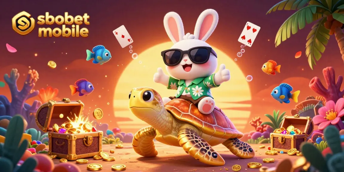 Sbobet mobile betting action with a lucky rabbit and a golden sea turtle in a vibrant underwater scene.