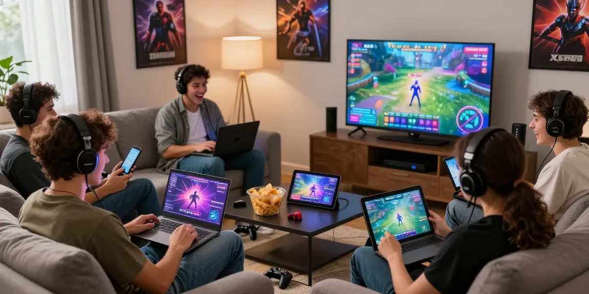 Diverse group of friends enjoying mind control porn games together in a vibrant living room.