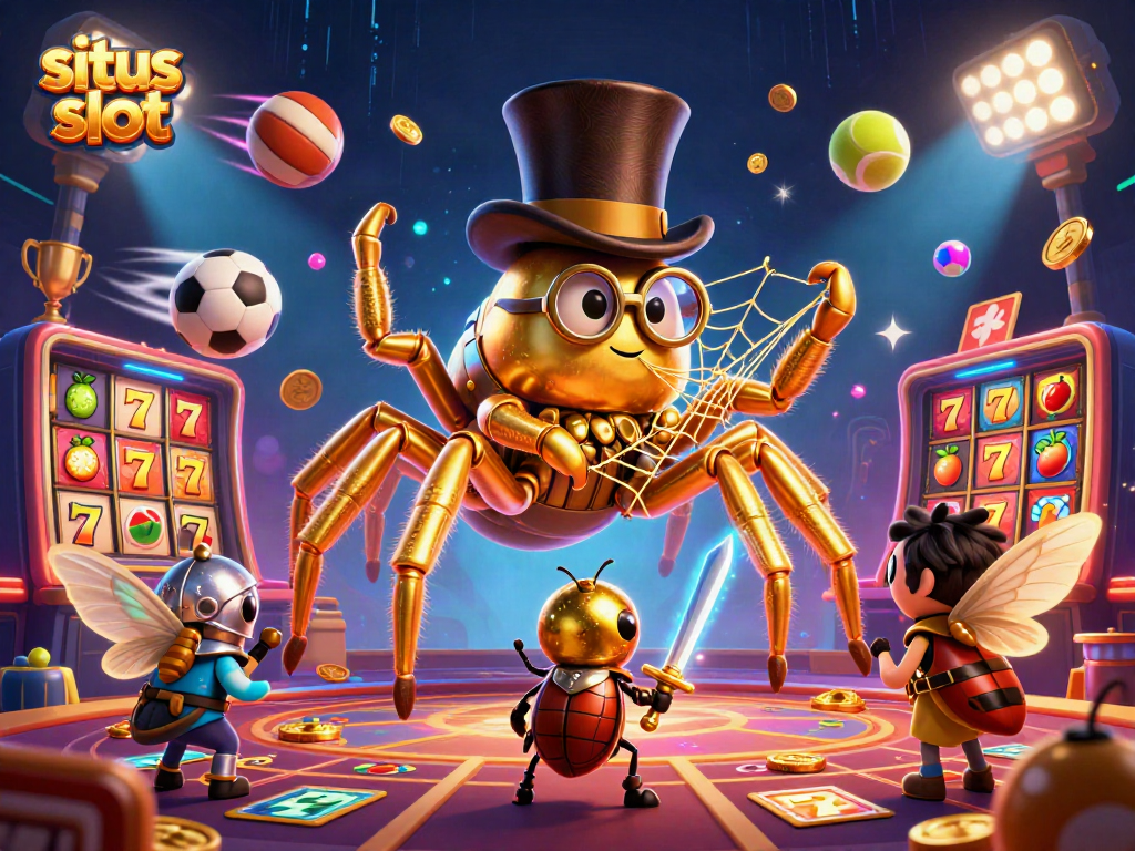 Ilustrasi 3D situs slot, tarantula emas, dan knight kecil di dunia kasino.